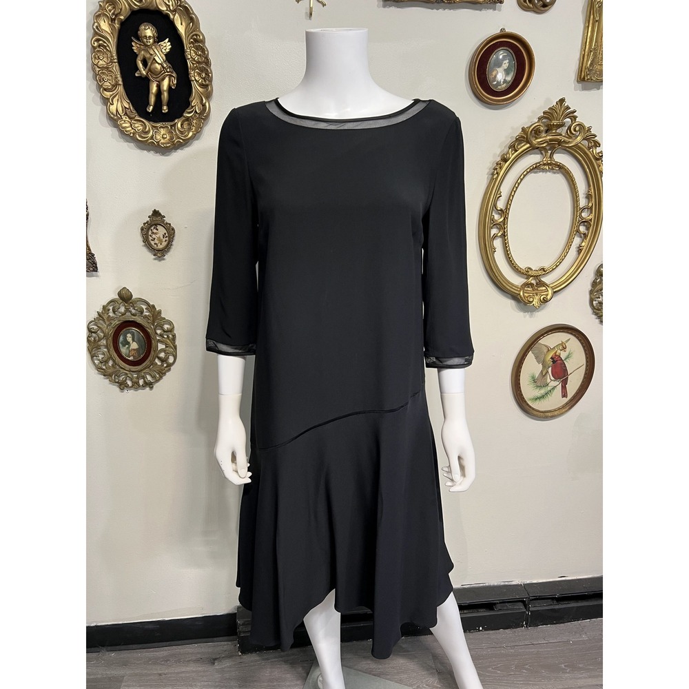 Lafayette 148 New York Black Sheer Trim Drop-Waist Shift Dress Size 8